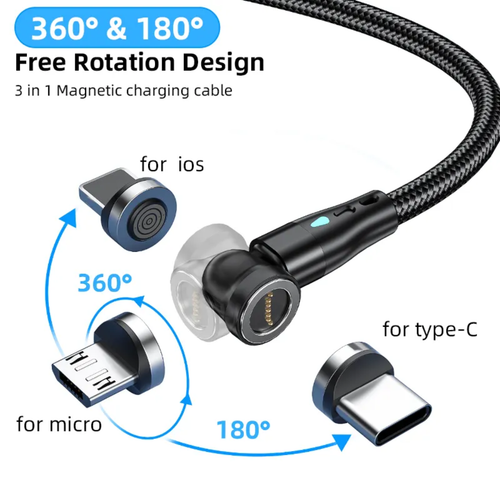 3-in-1 Magnetic Fast Charging Cable – 540° Rotating Nylon Braided Data Cord with Type-C, Micro & iOS Tips