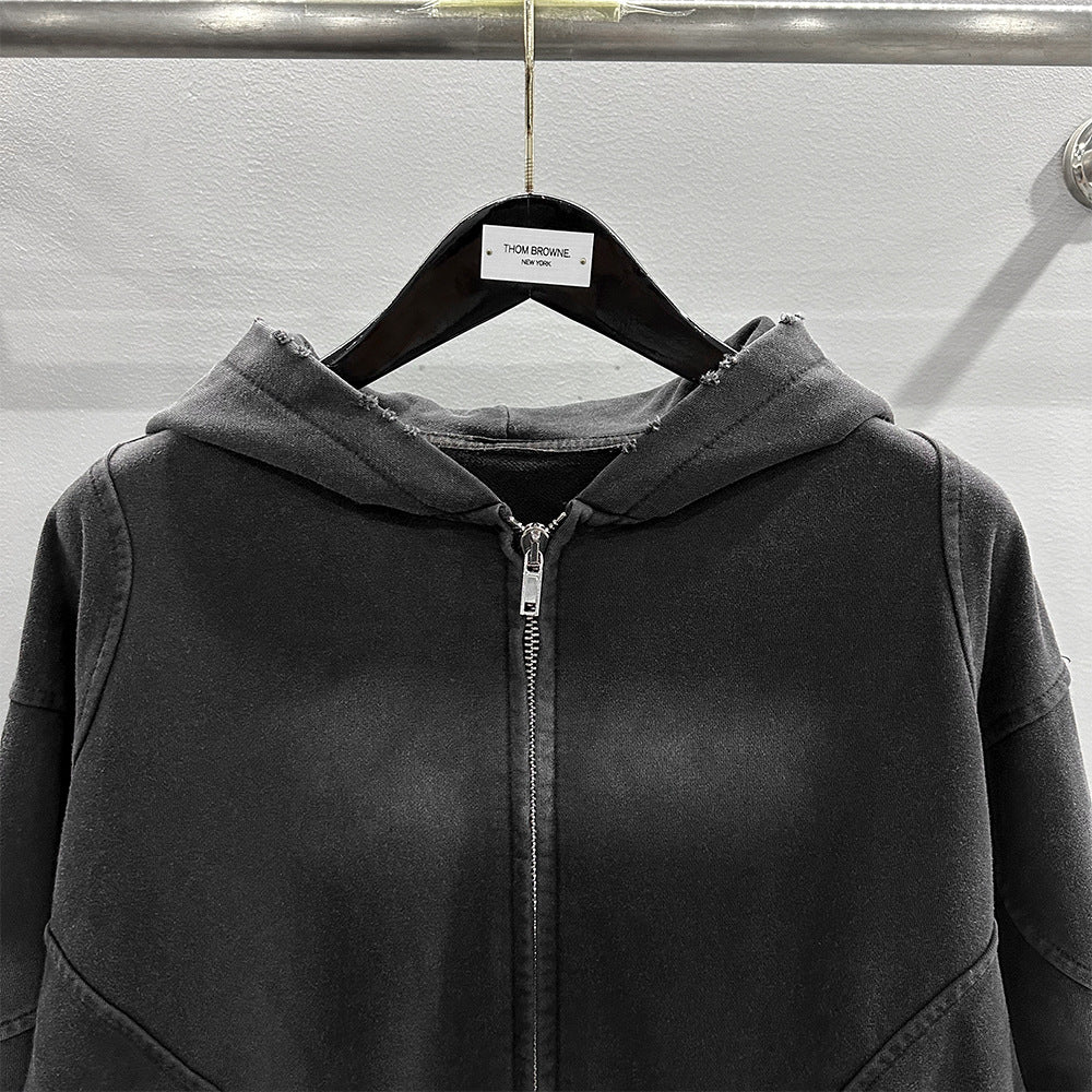 Men's Hoodie Jacket 2025 Autumn/Winter Heavy-Duty Washed and Distressed Punk Style Deep Gray Zip Pocket Hoodie