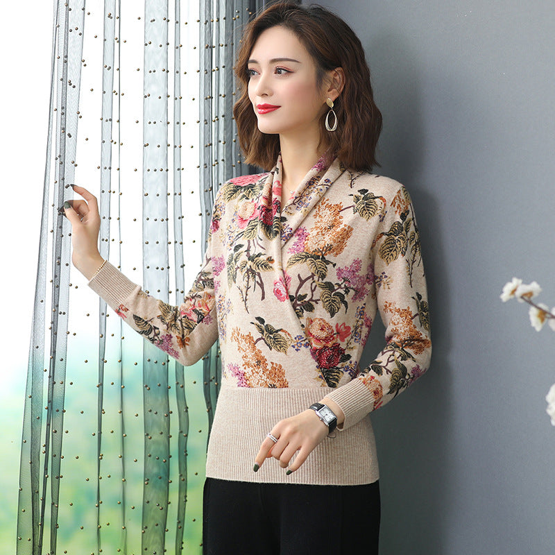 Plus size printed sweater women's knitted sweater 2023 autumn and winter new middle-aged mom wear slim bottoming shirt