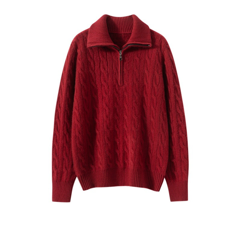 Cashmere Sweater Women's 100% Pure Cashmere Twist Lapel Half-Zip Pullover Loose Long-Sleeved Knitted Bottoming Sweater