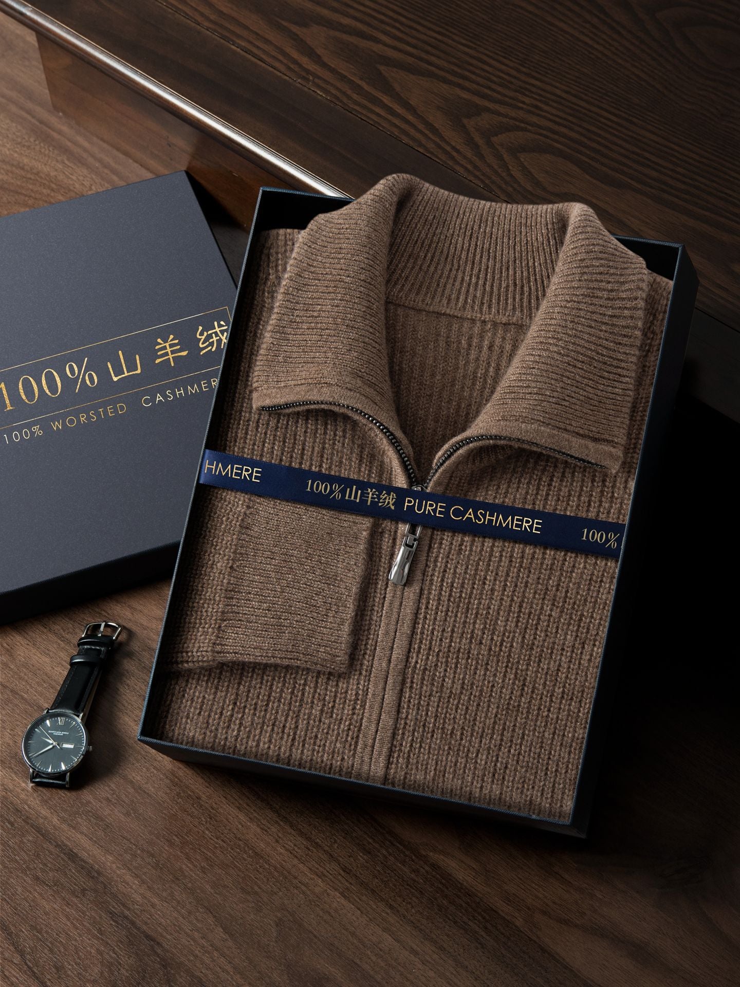 New Style Half-High Collar Long-Sleeve Zip-Up Autumn and Winter Pure Cashmere Ribbed Knit Cardigan Men's Jacket