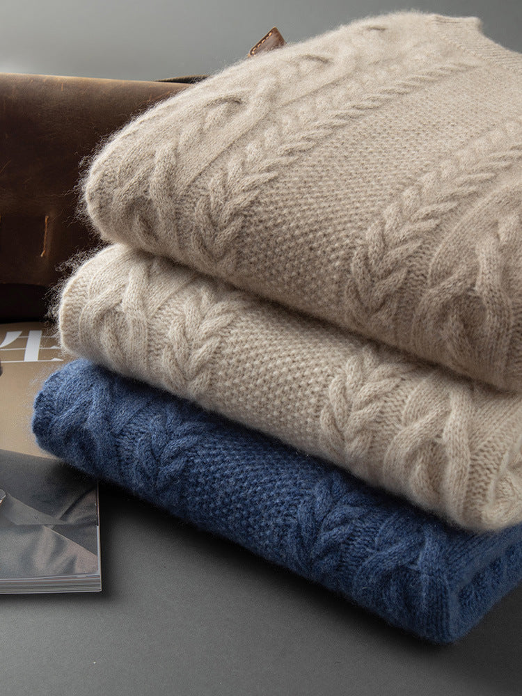 Cashmere Sweater Men's Round Neck 100 Pure Cashmere Autumn and Winter New Five-Needle Three-Strand Thickened Large Twist Knitted Sweater