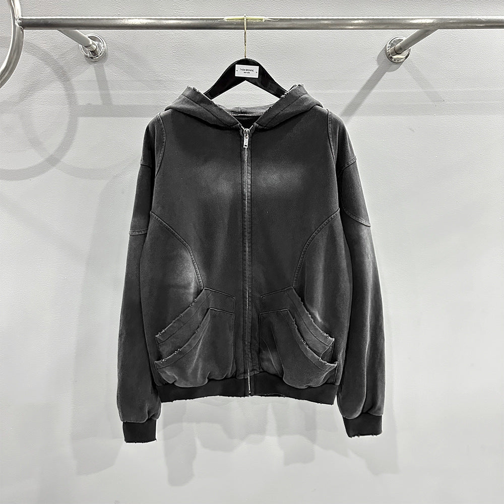 Men's Hoodie Jacket 2025 Autumn/Winter Heavy-Duty Washed and Distressed Punk Style Deep Gray Zip Pocket Hoodie
