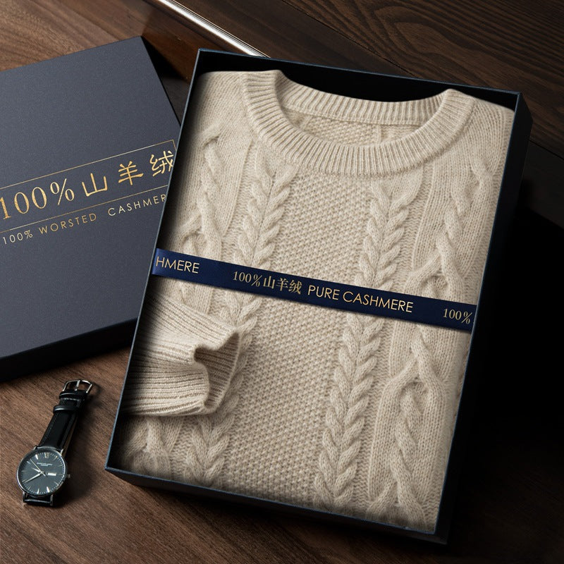 Cashmere Sweater Men's Round Neck 100 Pure Cashmere Autumn and Winter New Five-Needle Three-Strand Thickened Large Twist Knitted Sweater