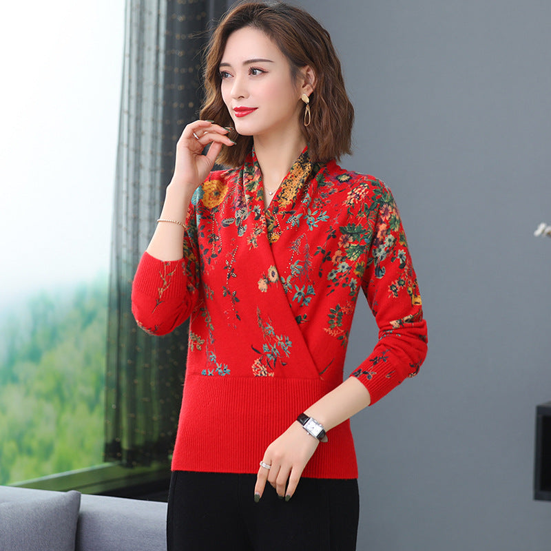 Plus size printed sweater women's knitted sweater 2023 autumn and winter new middle-aged mom wear slim bottoming shirt