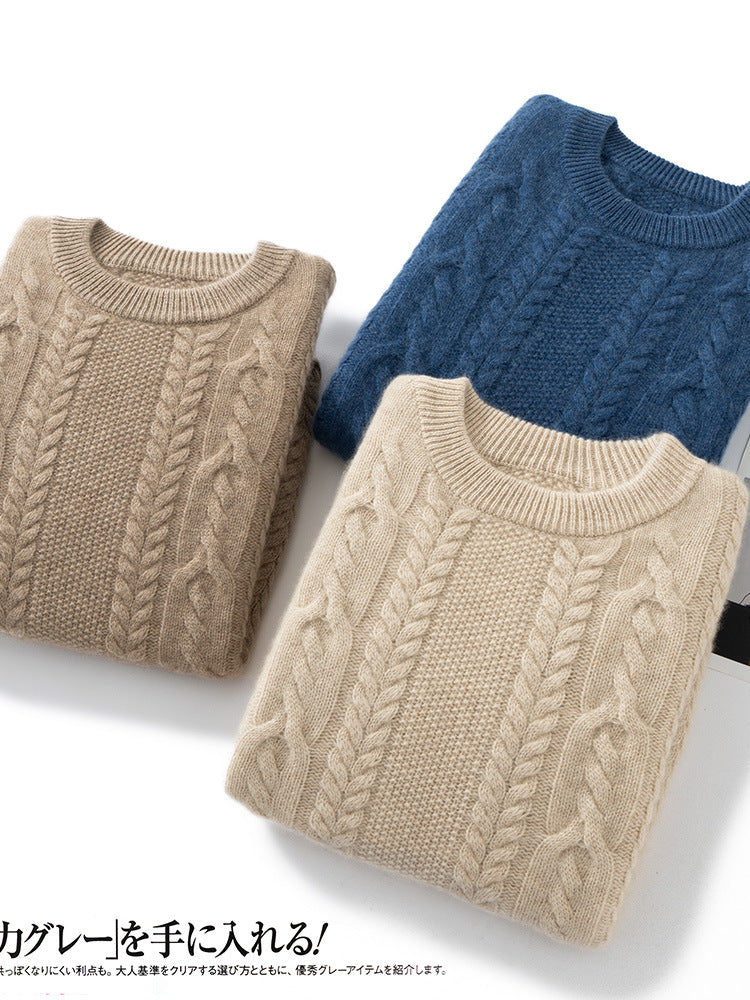 Cashmere Sweater Men's Round Neck 100 Pure Cashmere Autumn and Winter New Five-Needle Three-Strand Thickened Large Twist Knitted Sweater