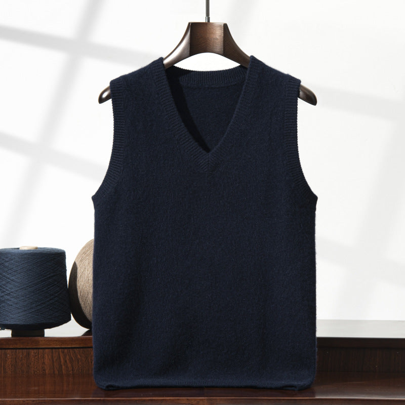 Double-Layer Thickened Men's Autumn and Winter V-Neck Sleeveless Cashmere Vest Wool Knit Sweater Top Waistcoat