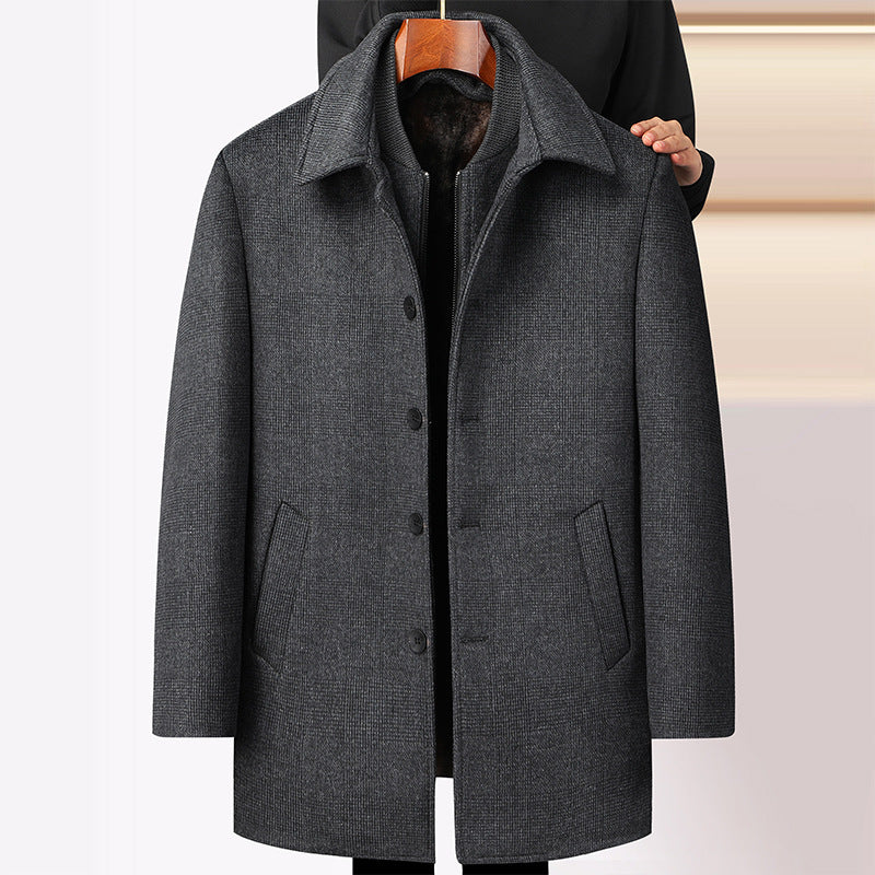 Autumn and Winter new men's wool woolen coat mid-length fleece-lined Plaid detachable double collar woolen coat men's coat