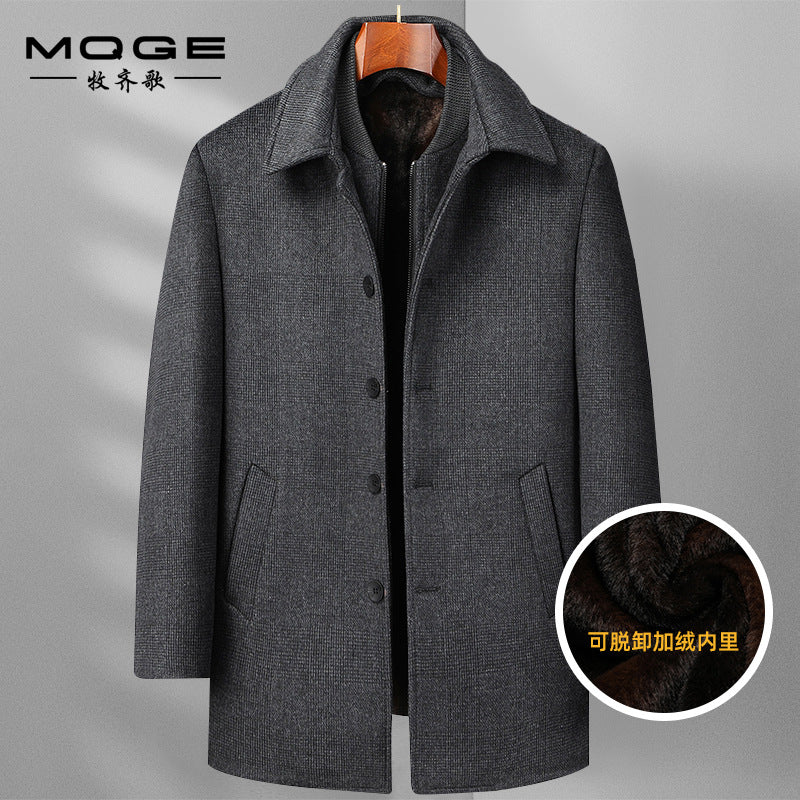 Autumn and Winter new men's wool woolen coat mid-length fleece-lined Plaid detachable double collar woolen coat men's coat
