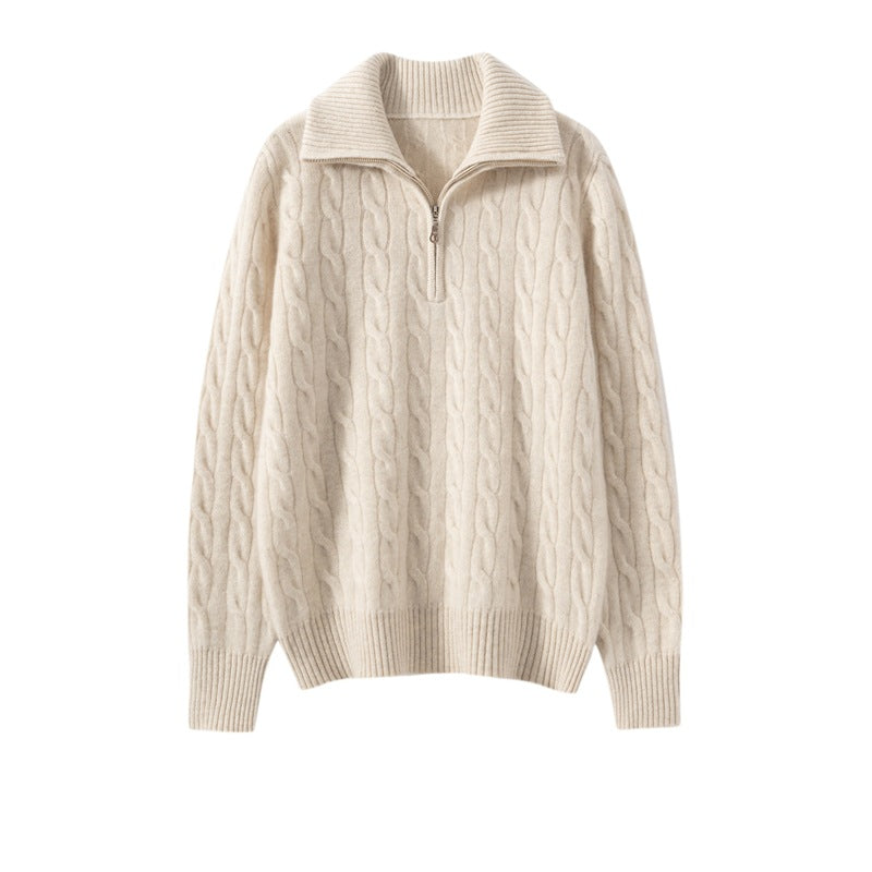 Cashmere Sweater Women's 100% Pure Cashmere Twist Lapel Half-Zip Pullover Loose Long-Sleeved Knitted Bottoming Sweater