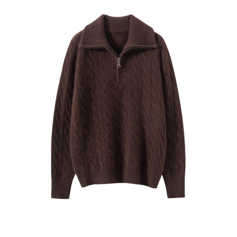 Cashmere Sweater Women's 100% Pure Cashmere Twist Lapel Half-Zip Pullover Loose Long-Sleeved Knitted Bottoming Sweater