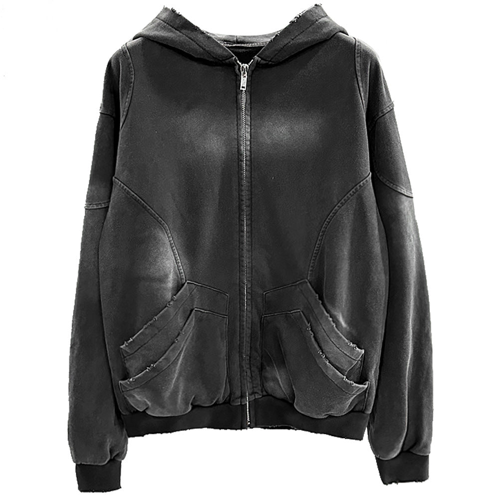 Men's Hoodie Jacket 2025 Autumn/Winter Heavy-Duty Washed and Distressed Punk Style Deep Gray Zip Pocket Hoodie