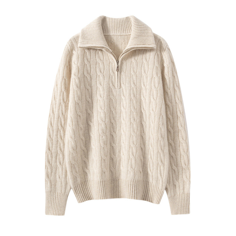 Cashmere Sweater Women's 100% Pure Cashmere Twist Lapel Half-Zip Pullover Loose Long-Sleeved Knitted Bottoming Sweater