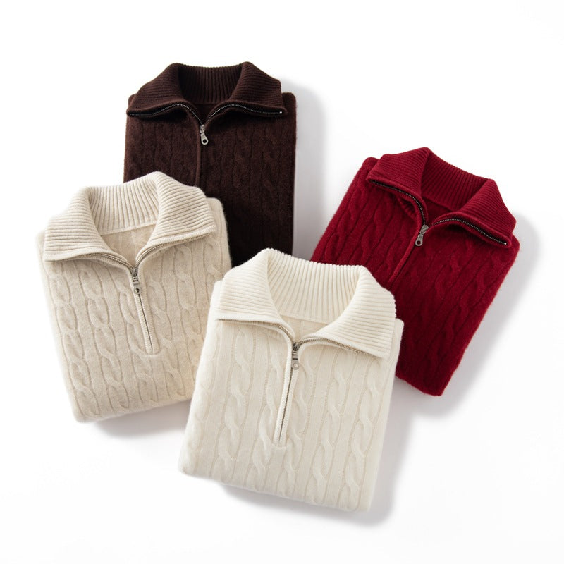 Cashmere Sweater Women's 100% Pure Cashmere Twist Lapel Half-Zip Pullover Loose Long-Sleeved Knitted Bottoming Sweater