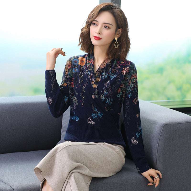 Plus size printed sweater women's knitted sweater 2023 autumn and winter new middle-aged mom wear slim bottoming shirt