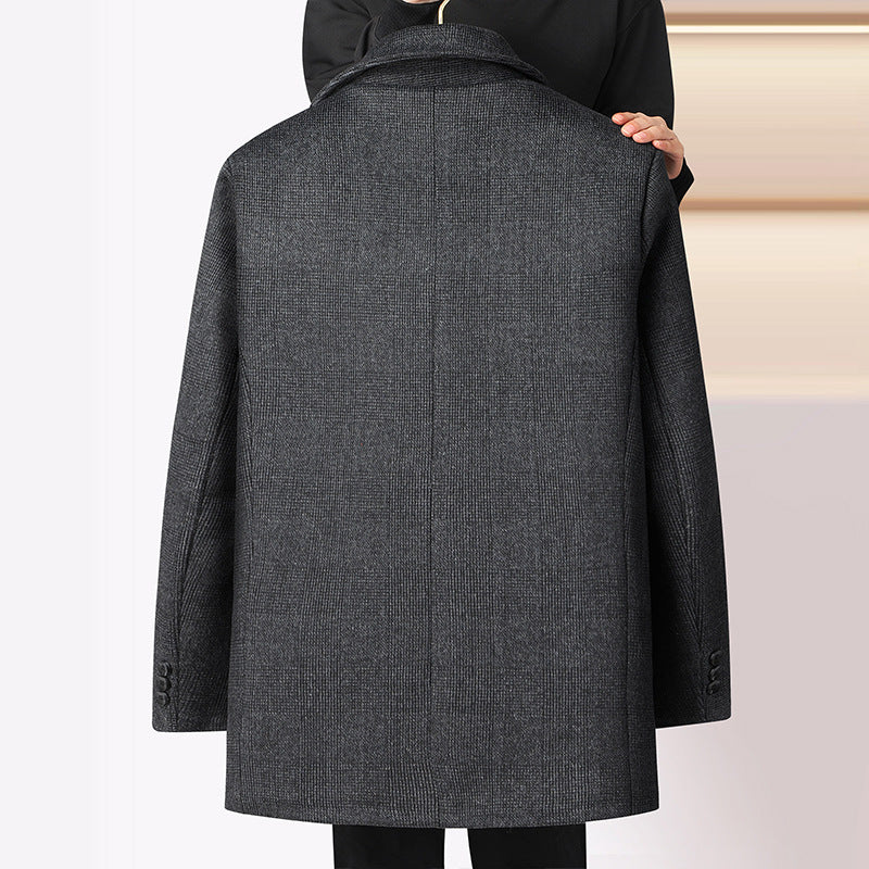 Autumn and Winter new men's wool woolen coat mid-length fleece-lined Plaid detachable double collar woolen coat men's coat