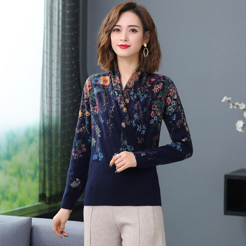 Plus size printed sweater women's knitted sweater 2023 autumn and winter new middle-aged mom wear slim bottoming shirt